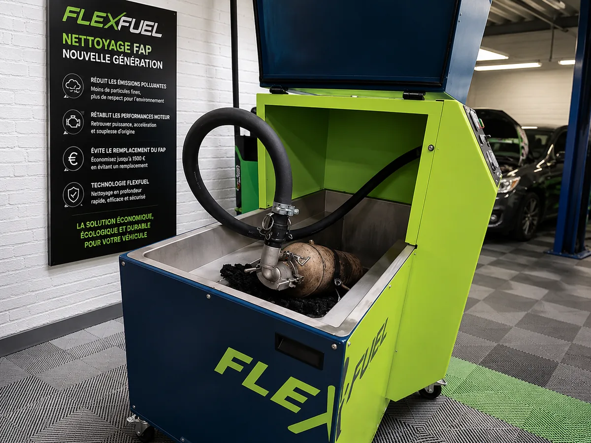Machine FlexFuel Carbon FAP ouverte pendant le nettoyage d'un filtre à particules en atelier